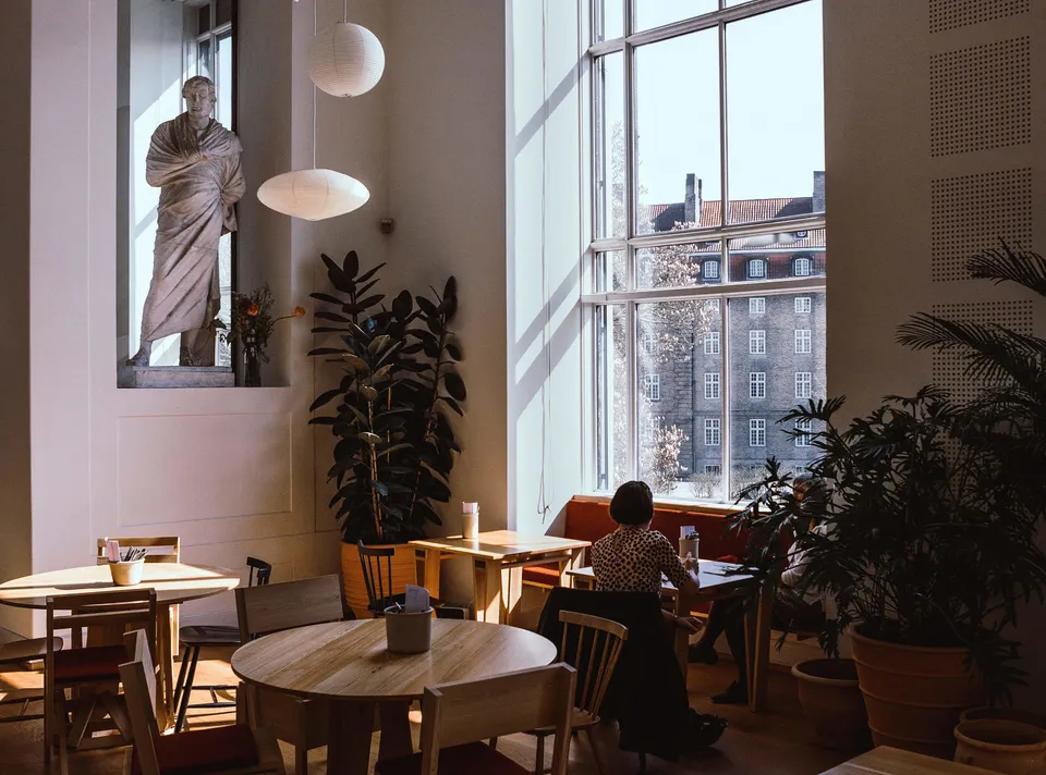 Café Magnolia v. Statens Museum for Kunst: Caféborde og stole ved høje vinduer, store planter og en skulptur i en vægniche.