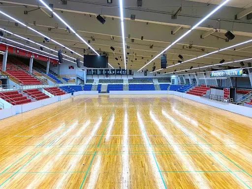 Brøndby Hallen: Stor sportshal med blankt trægulv og tribuner langs siderne.