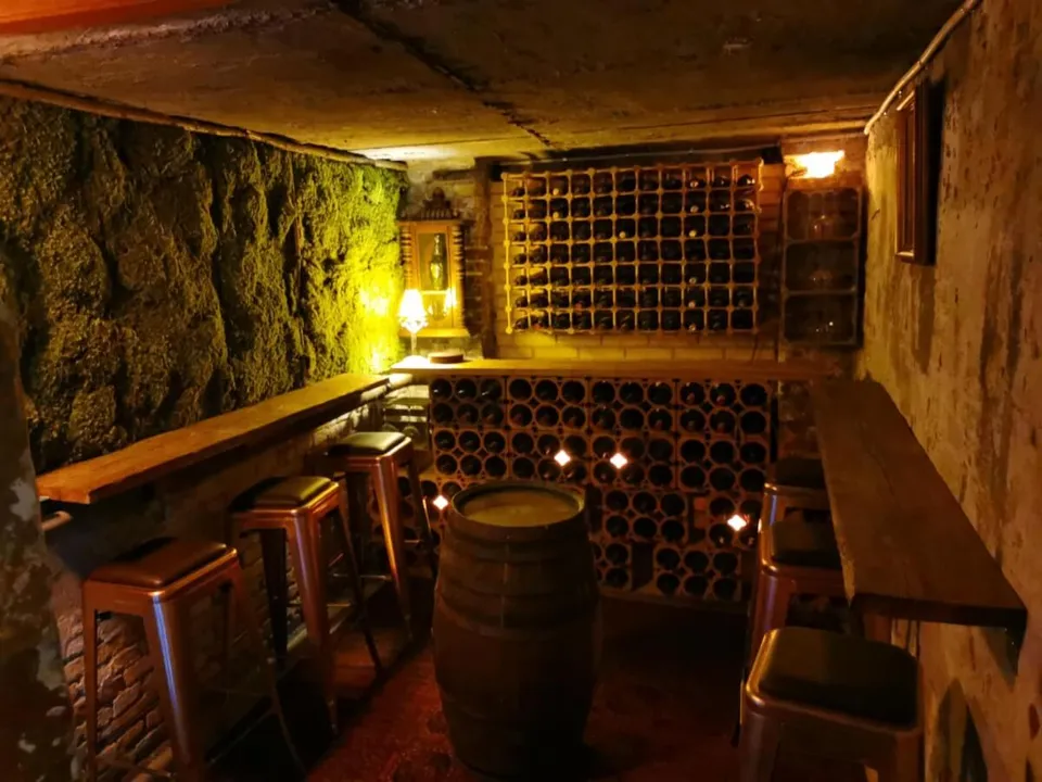 Tasting Room v. Vinum Historia: Smalt kælderrum med høj bænk, barstole, vinreoler og rå vægge.