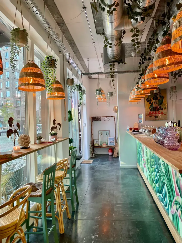 The Organic Boho: Smalt lyst lokale med bar, høje stole og mange hængende planter.