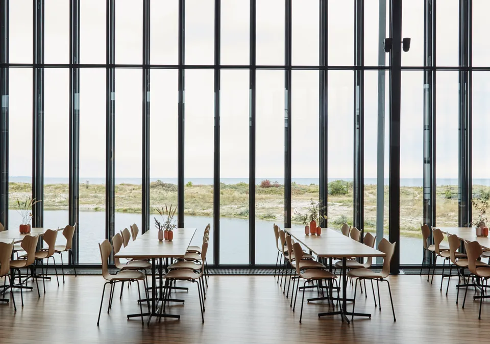 Caféen v. ARKEN: Café med lyse borde, træstole og en høj glasfacade mod vandet.